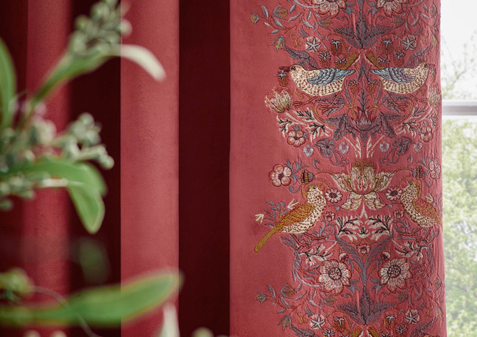 Strawberry Thief Embroidery Pencil Pleat, Berry - Ready Made Curtains - Image 5